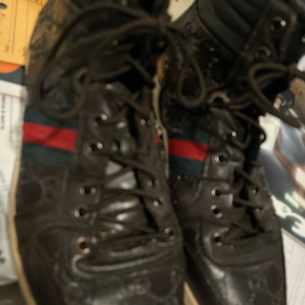 Gucci Brown Leather High-Top Boots with Red & Green Stripe